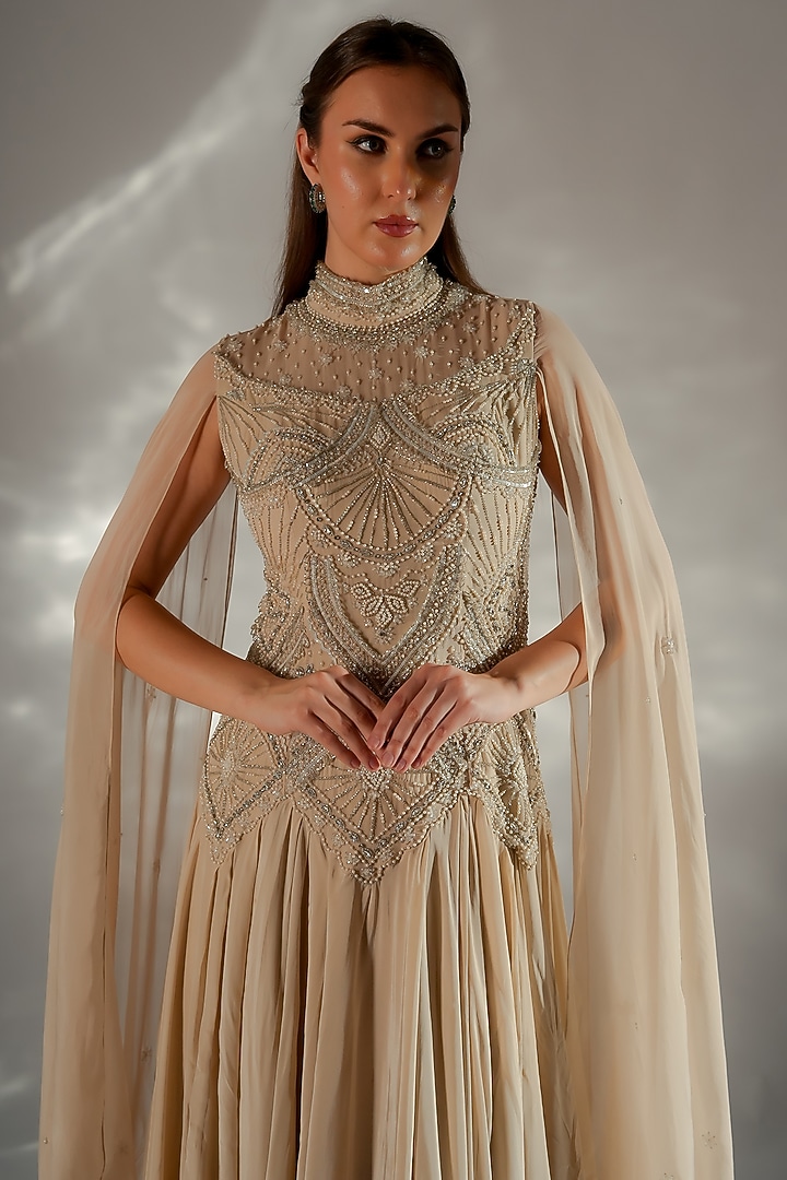 Washed Peach Organza Hand Embroidered Cape Engagement Gown by Jade by Ashima at Pernia's Pop Up Shop