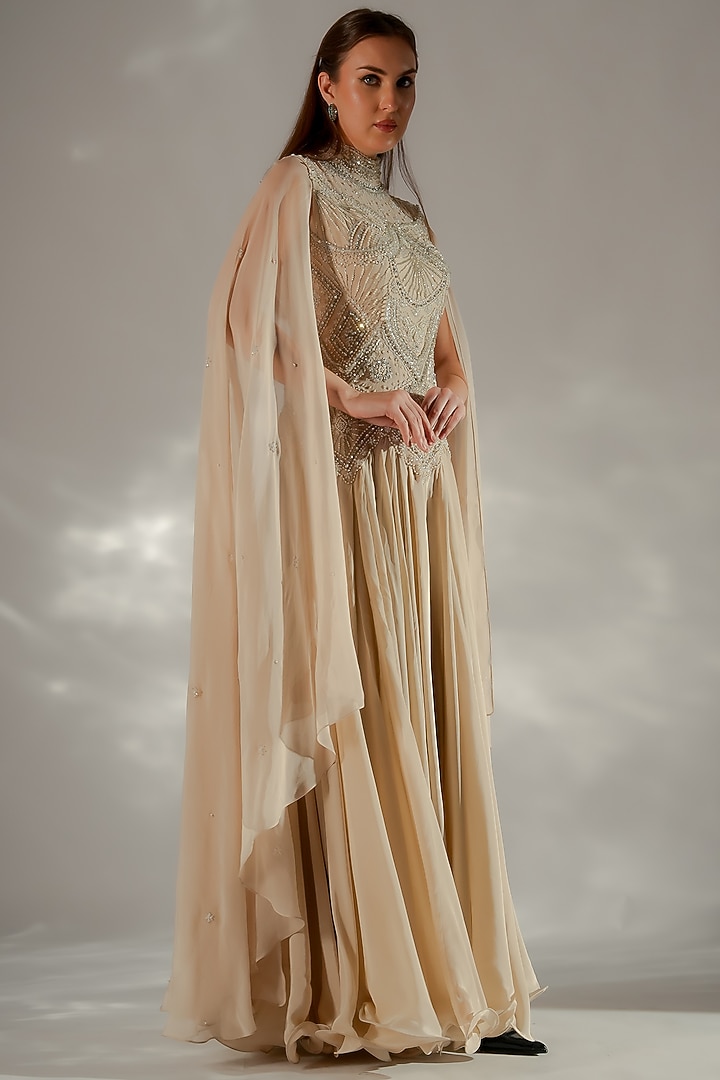 Washed Peach Organza Hand Embroidered Cape Engagement Gown by Jade by Ashima at Pernia's Pop Up Shop