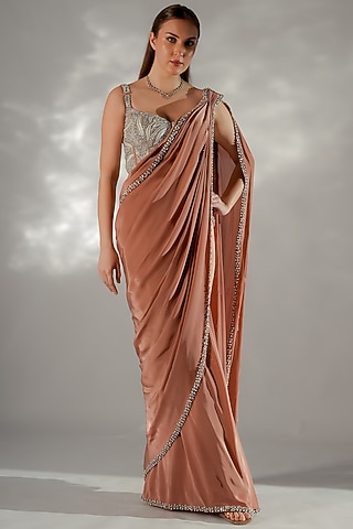 Ivory Satin Draped Saree Set by Jade by Ashima