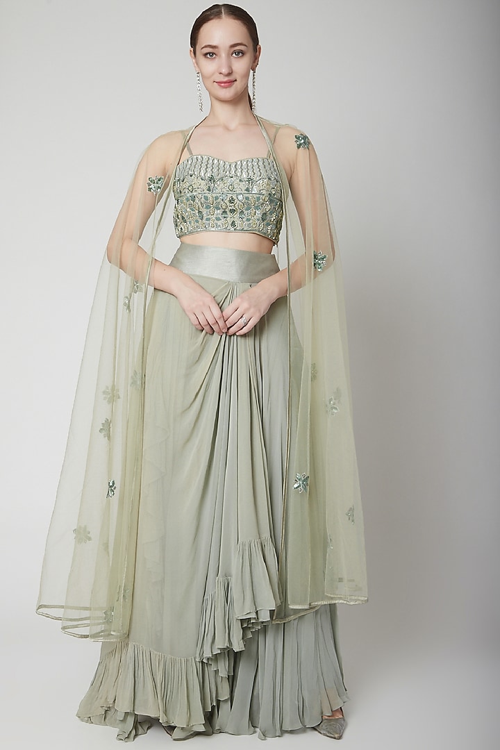 Mint Green Embroidered Skirt Set With Cape by Jade by Ashima