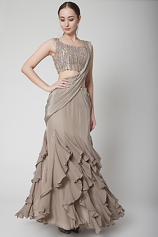 Mouse Grey Silk Crepe Ruffled Saree Set by Jade by Ashima