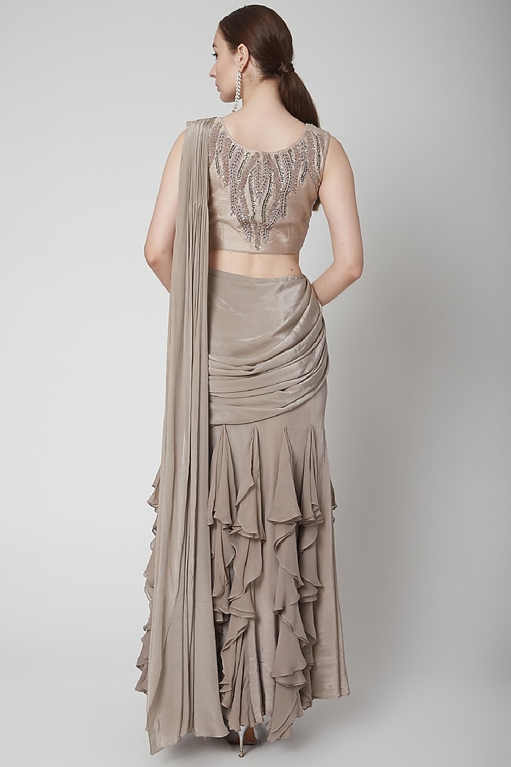 Mouse Grey Silk Crepe Ruffled Wedding Saree Set by Jade by Ashima at Pernia's Pop Up Shop