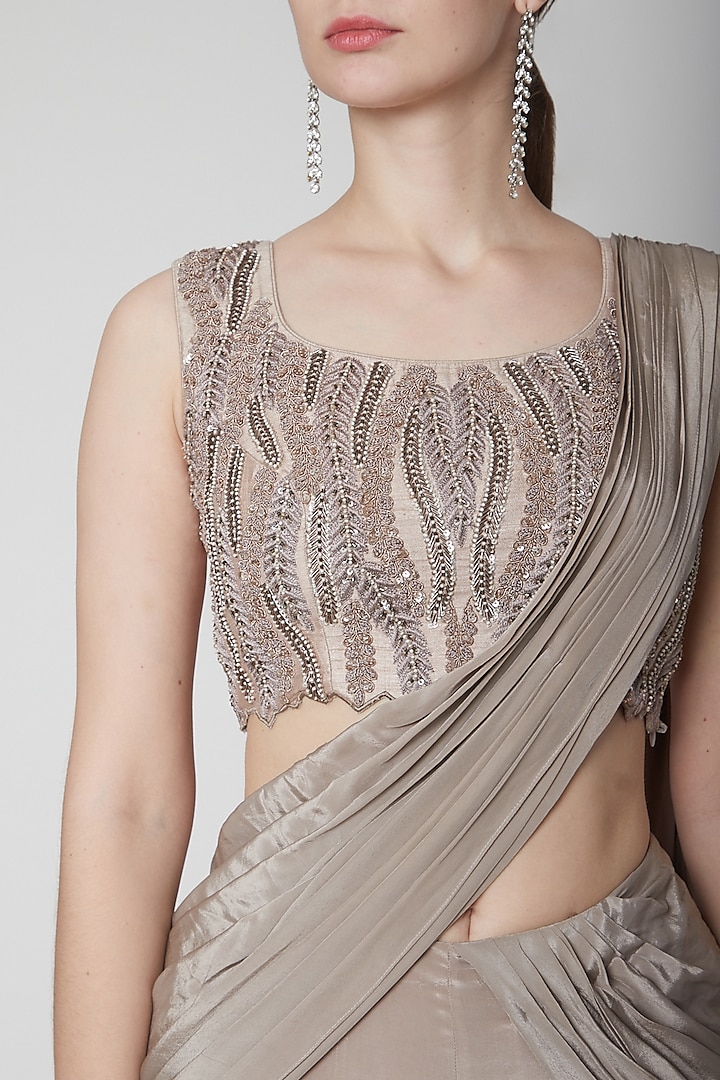 Mouse Grey Silk Crepe Ruffled Wedding Saree Set by Jade by Ashima at Pernia's Pop Up Shop