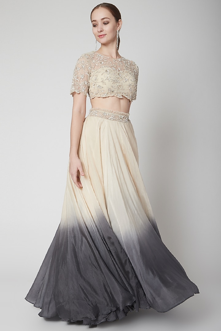 Ivory Embellished Blouse With Ombre Wedding Lehenga by Jade by Ashima at Pernia's Pop Up Shop