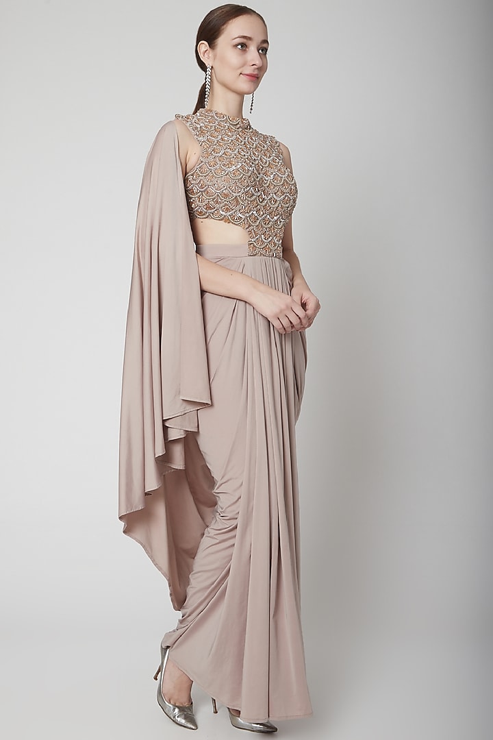 Rose Gold Lycra Sequins Embroidered Draped Saree by Jade by Ashima