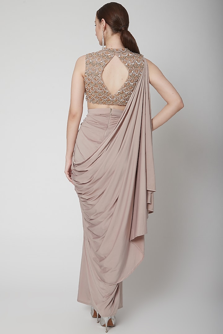 Rose Gold Lycra Sequins Embroidered Draped Wedding Saree by Jade by Ashima at Pernia's Pop Up Shop