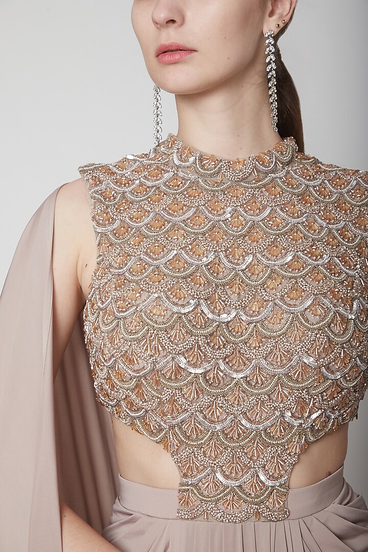 Rose Gold Lycra Sequins Embroidered Draped Wedding Saree by Jade by Ashima at Pernia's Pop Up Shop