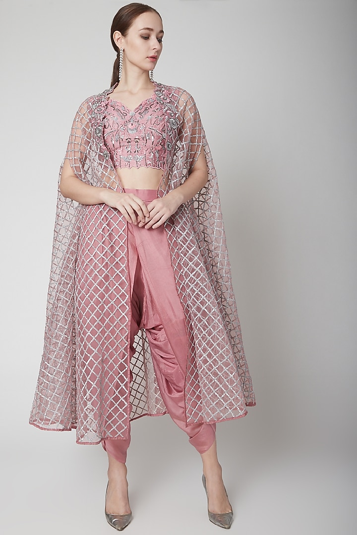 Dark Onion Pink Embellished Cape Set by Jade by Ashima