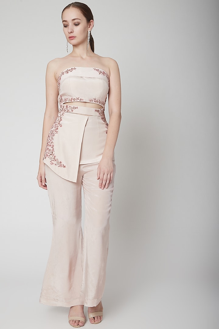 Peach Silk Crepe Embroidered Pant Set by Jade by Ashima