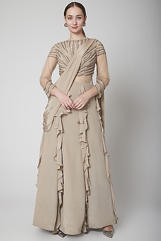 Mouse Grey Silk Crepe Embroidered Gown Saree by Jade by Ashima