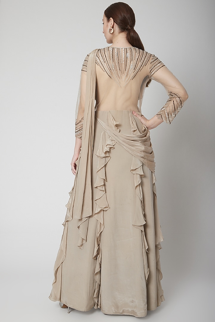 Mouse Grey Silk Crepe Embroidered Wedding Gown Saree by Jade by Ashima at Pernia's Pop Up Shop