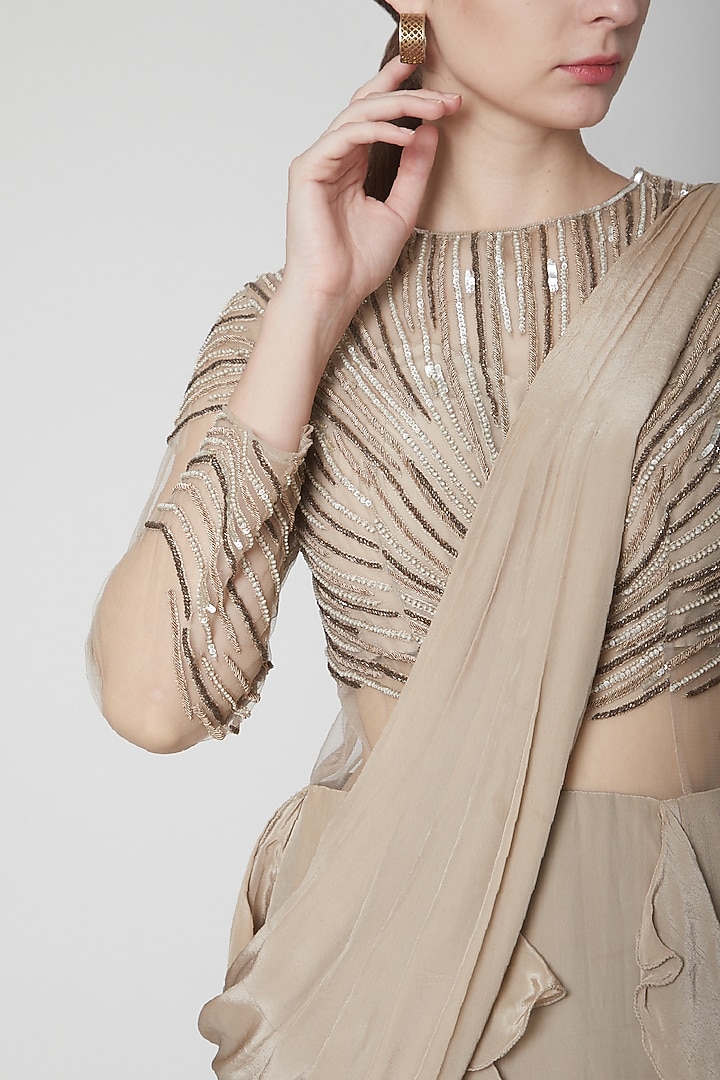 Mouse Grey Silk Crepe Embroidered Wedding Gown Saree by Jade by Ashima at Pernia's Pop Up Shop