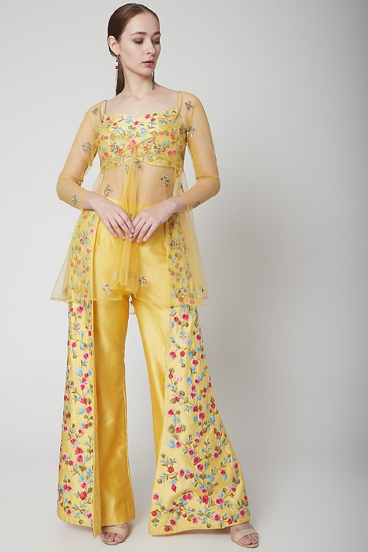 Yellow Embroidered Blouse With Pants & Cape by Jade by Ashima