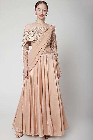 Peach Embellished Draped Saree Set by Jade by Ashima
