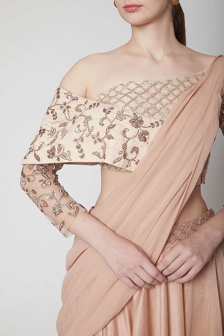 Peach Embellished Draped Wedding Saree Set by Jade by Ashima at Pernia's Pop Up Shop