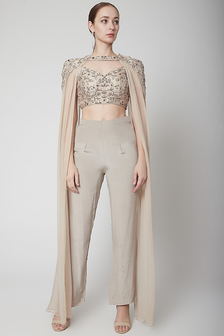 Greyish Brown Embroidered Cape Set by Jade by Ashima at Pernia's Pop Up Shop