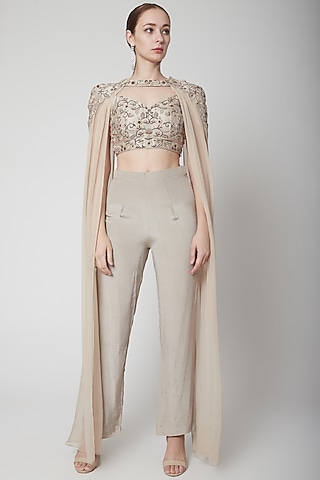 Greyish Brown Embroidered Cape Set by Jade by Ashima