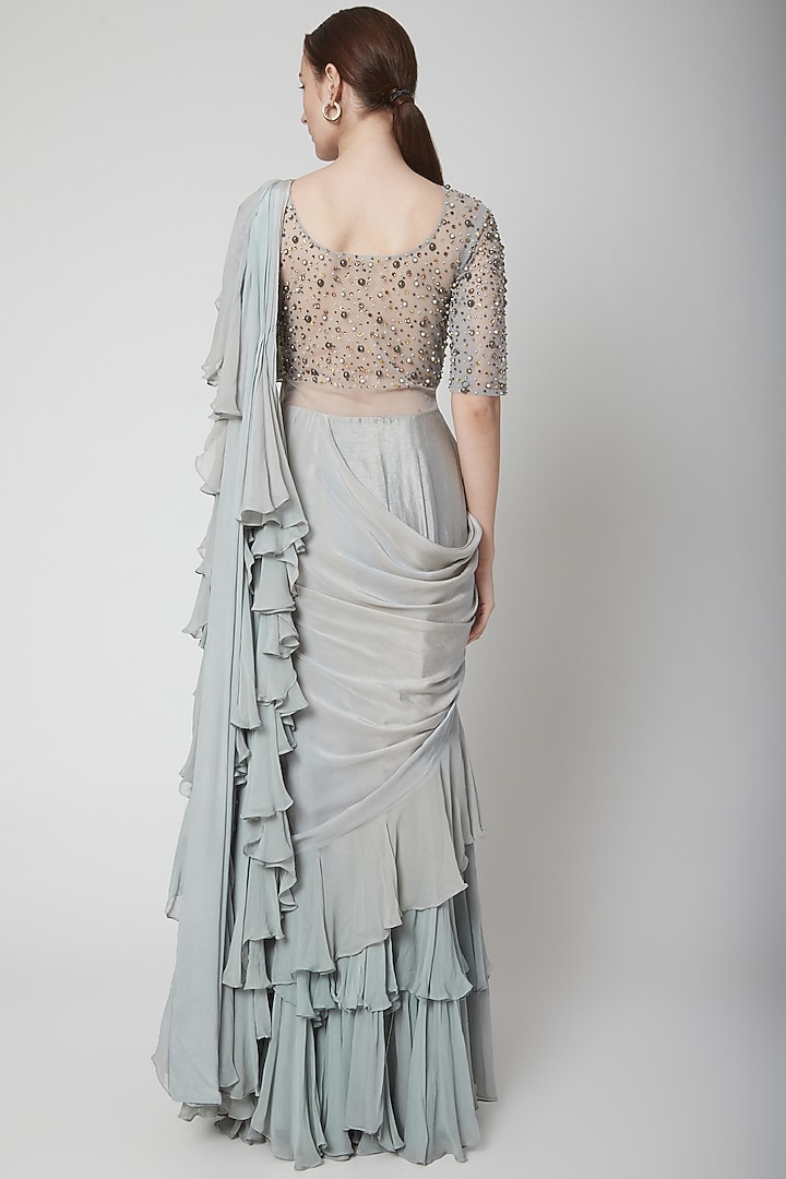 Grey Crepe & Georgette Ruffled Wedding Saree Set by Jade by Ashima at Pernia's Pop Up Shop