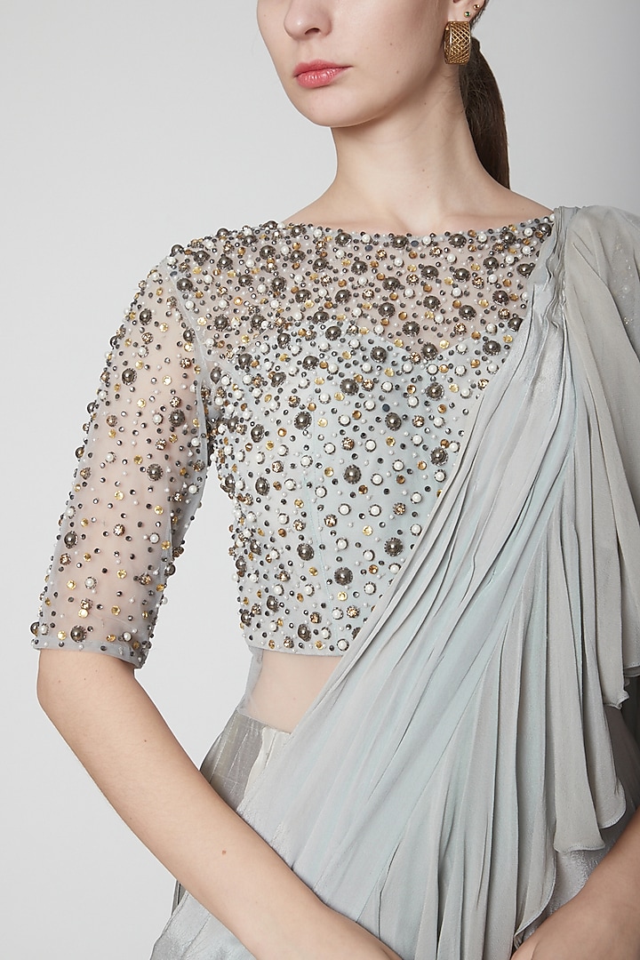 Grey Crepe & Georgette Ruffled Wedding Saree Set by Jade by Ashima at Pernia's Pop Up Shop