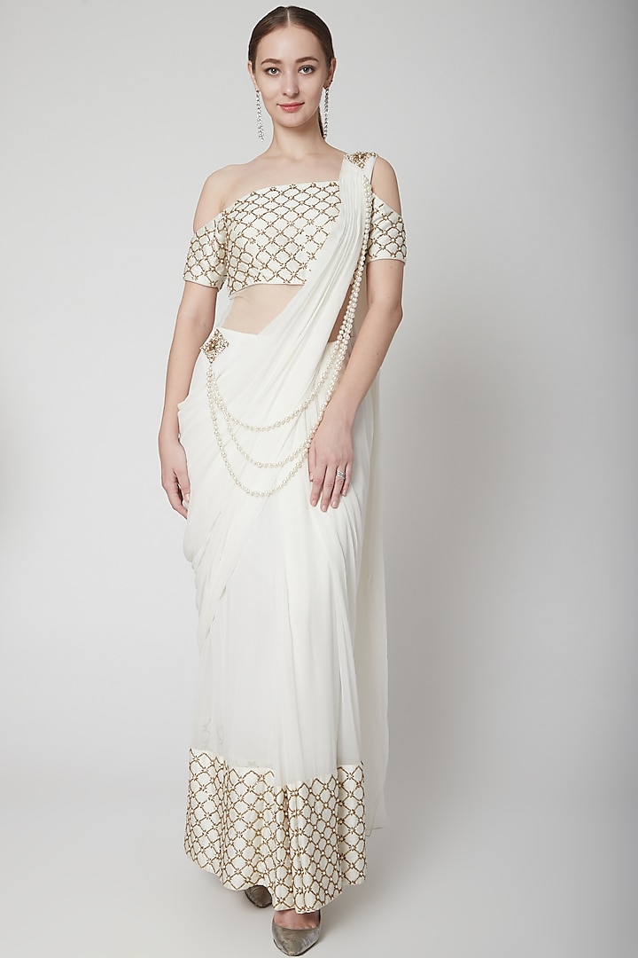 Off White Georgette Dupion Embroidered Draped Saree by Jade by Ashima