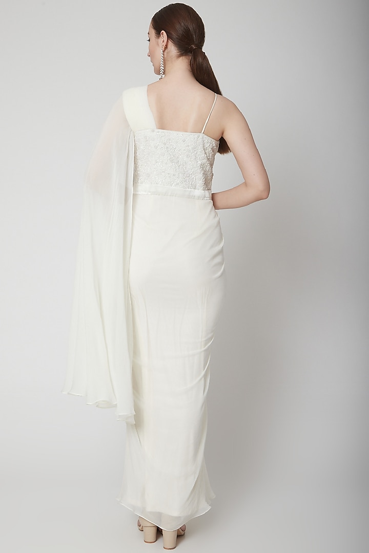 White Georgette & Dupion Georgette Draped Saree Set by Jade by Ashima ...