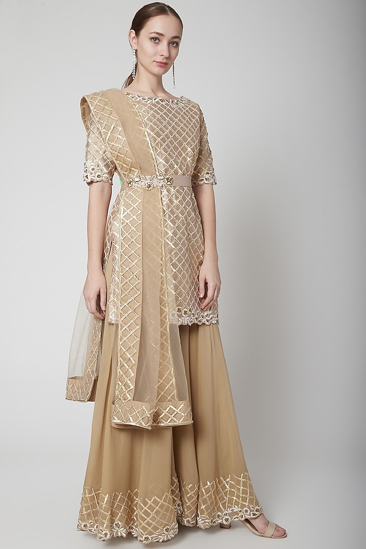 Nude Silk Georgette Embroidered Sharara Set With Belt by Jade by Ashima