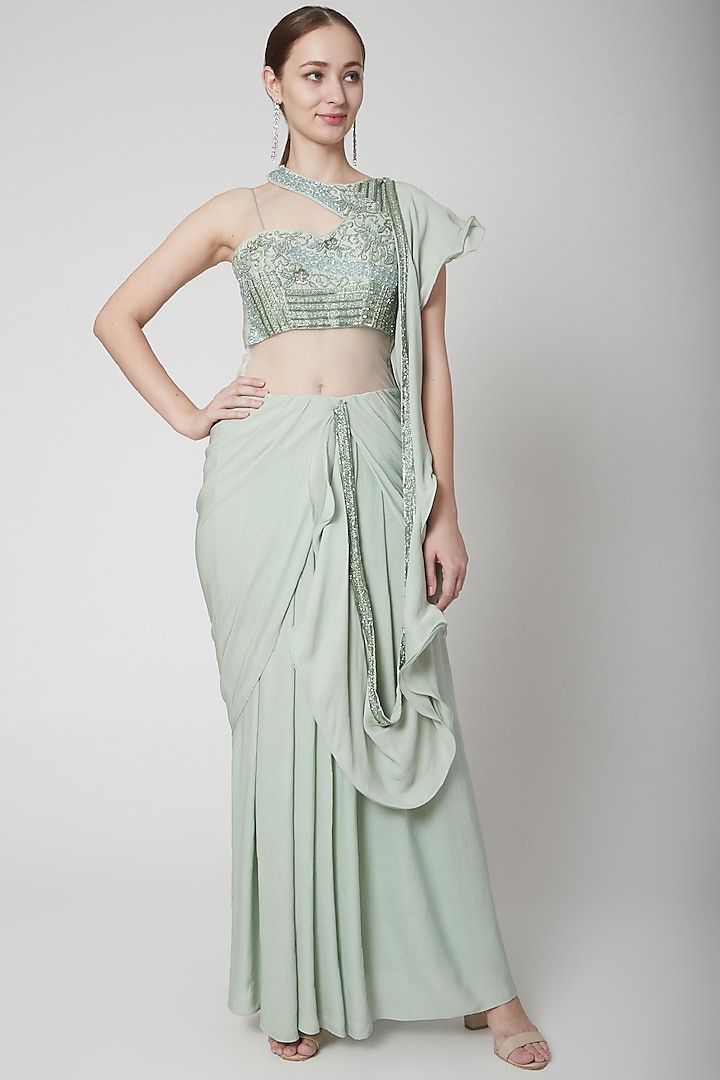 Mint Green Embroidered Draped Gown by Jade by Ashima