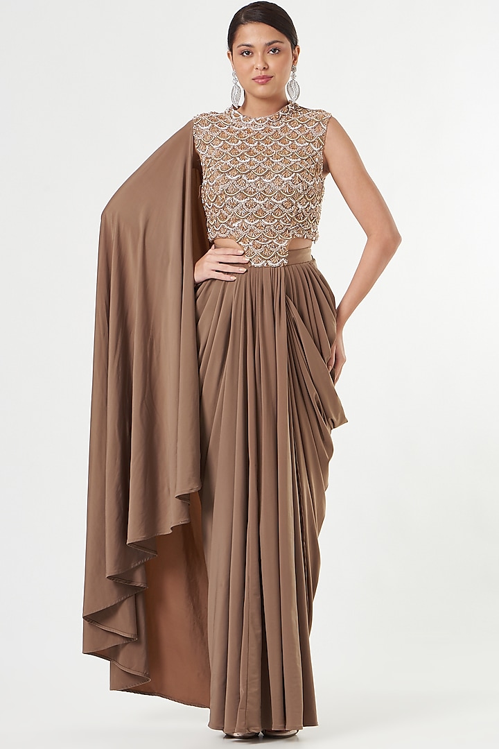 Rose Gold Lycra Draped Gown Saree by Jade by Ashima