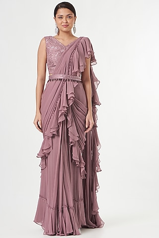 Mauve Georgette & Silk Dupion Ruffled Saree Set by Jade by Ashima