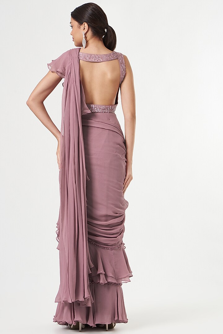 Mauve Georgette & Silk Dupion Ruffled Wedding Saree Set by Jade by Ashima at Pernia's Pop Up Shop