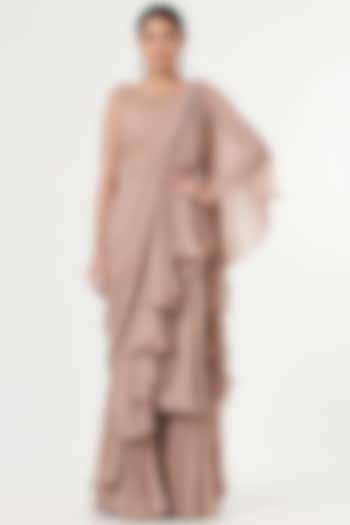 Dusty Rose Georgette Cutdana Embellished Ruffle Wedding Saree Set by Jade by Ashima at Pernia's Pop Up Shop