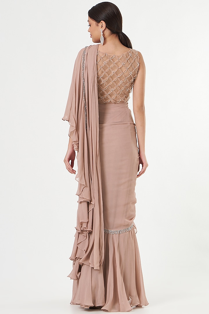 Dusty Rose Georgette Cutdana Embellished Ruffle Wedding Saree Set by Jade by Ashima at Pernia's Pop Up Shop