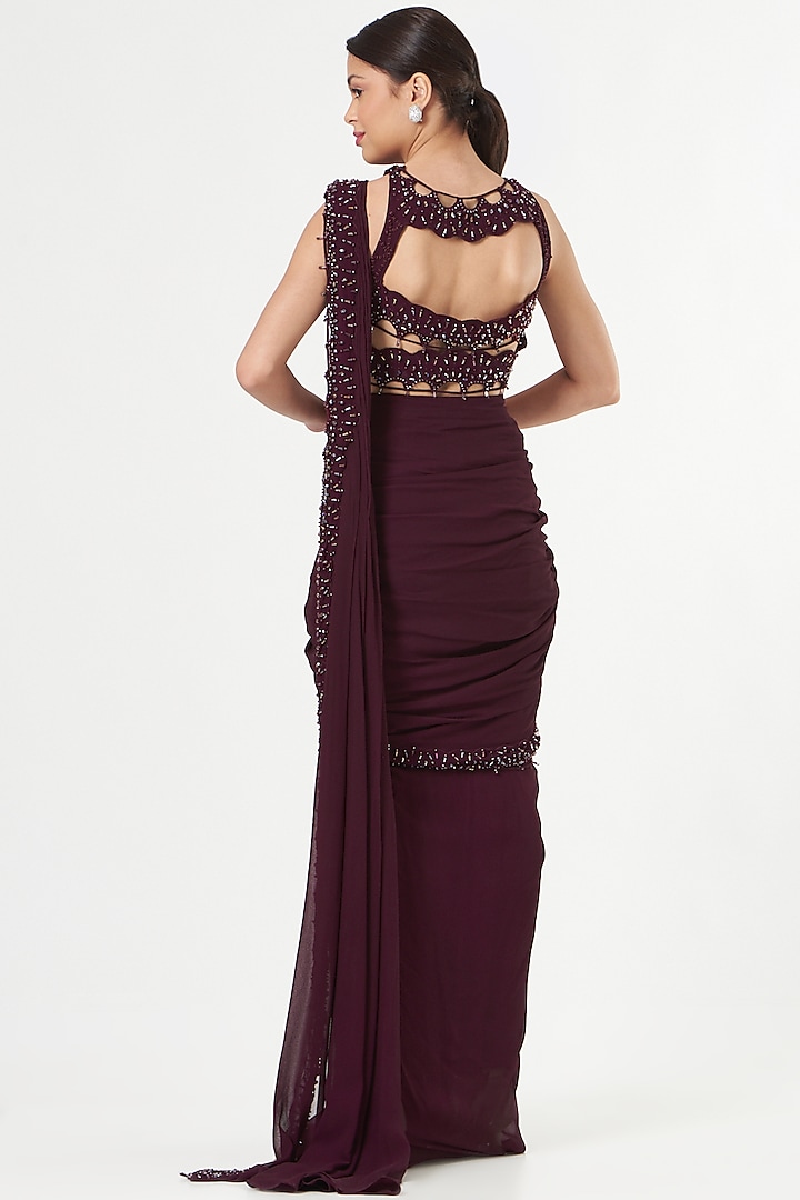 Maroon Georgette & Silk Bead Embellished Wedding Saree Set by Jade by Ashima at Pernia's Pop Up Shop