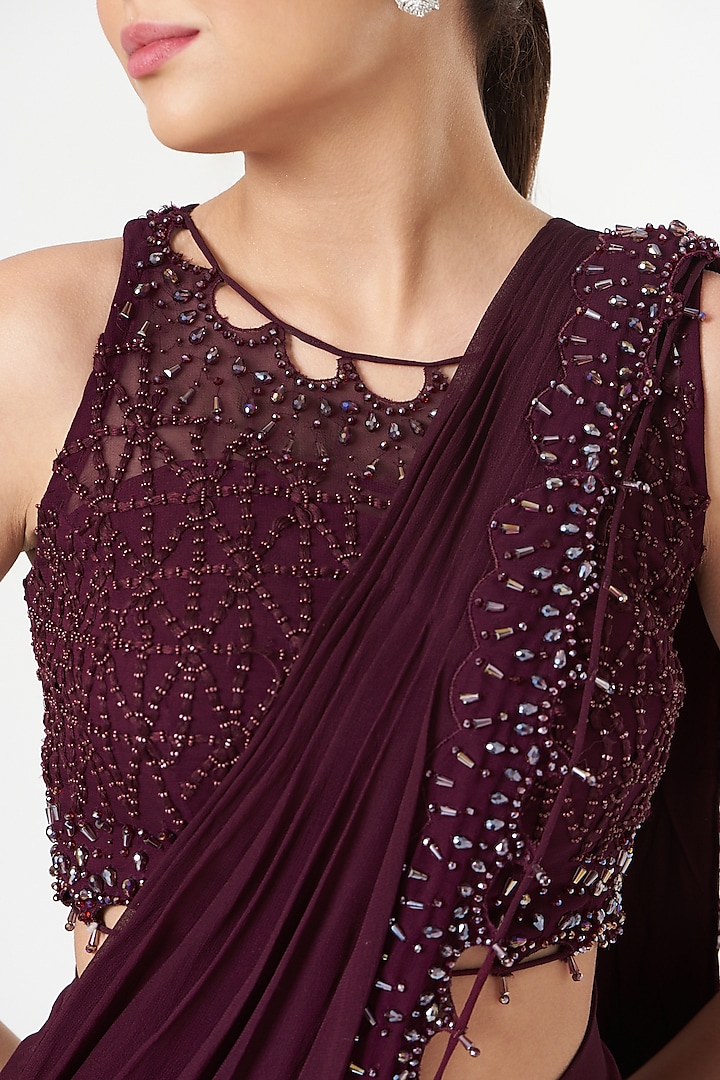 Maroon Georgette & Silk Bead Embellished Wedding Saree Set by Jade by Ashima at Pernia's Pop Up Shop