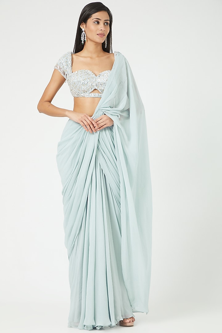 Powder Blue Georgette Draped Saree Set by Jade by Ashima