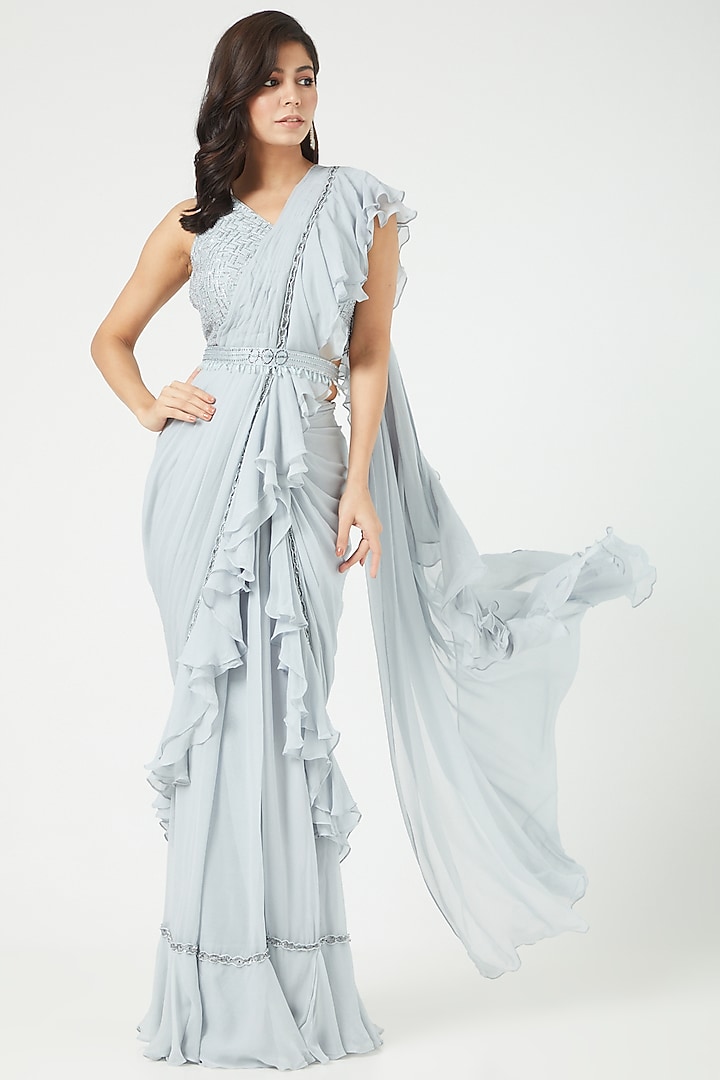 Powder Blue Ruffled Draped Wedding Saree Set by Jade by Ashima at Pernia's Pop Up Shop