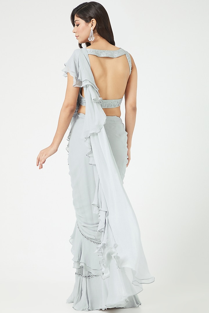 Powder Blue Ruffled Draped Wedding Saree Set by Jade by Ashima at Pernia's Pop Up Shop