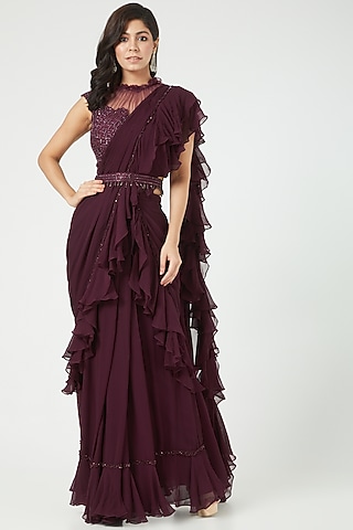 Purple Ruffled Draped Saree Set by Jade by Ashima