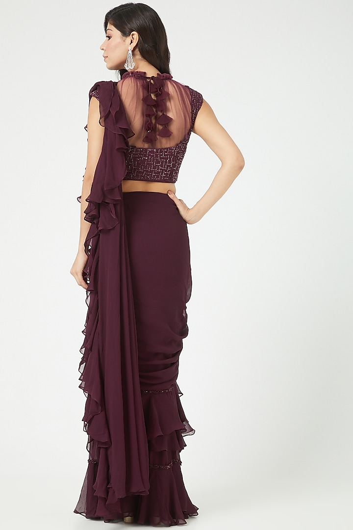 Purple Ruffled Draped Wedding Saree Set by Jade by Ashima at Pernia's Pop Up Shop