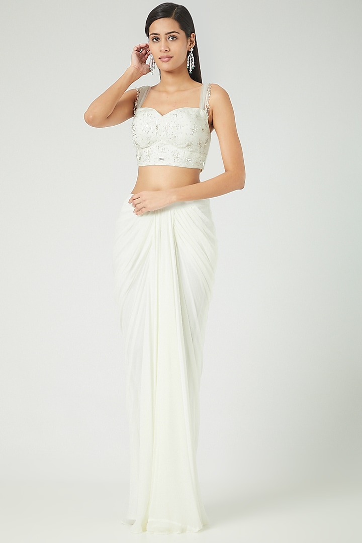 White Georgette & Dupion Saree Set by Jade by Ashima