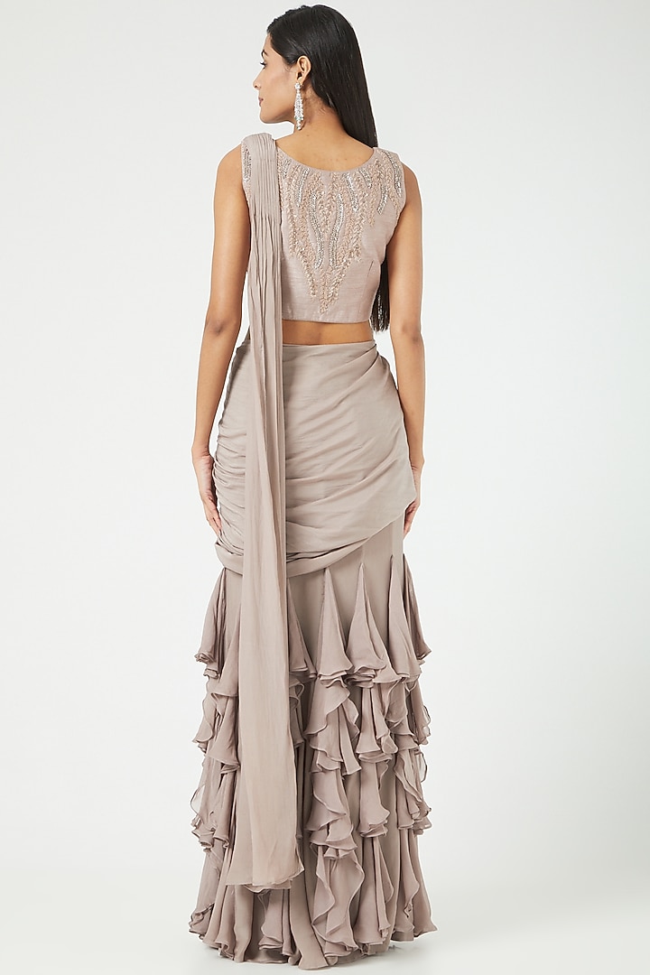 Mouse Grey Dupion Silk & Georgette Embroidered Draped Wedding Saree Set by Jade by Ashima at Pernia's Pop Up Shop