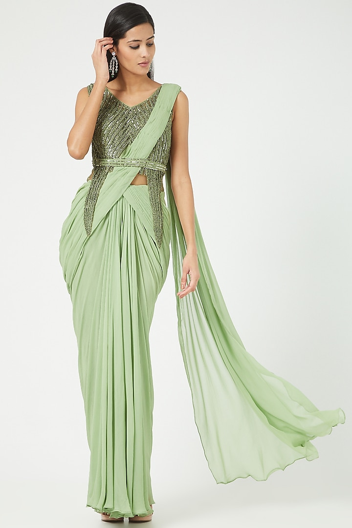 Mehendi Green Georgette Embroidered Draped Saree  by Jade by Ashima