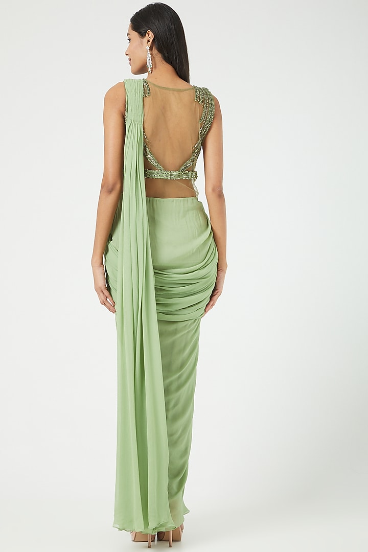 Mehendi Green Georgette Embroidered Draped Wedding Saree by Jade by Ashima at Pernia's Pop Up Shop