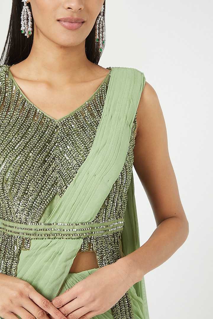 Mehendi Green Georgette Embroidered Draped Wedding Saree by Jade by Ashima at Pernia's Pop Up Shop