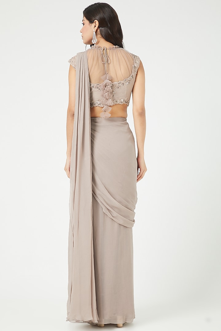 Ash Grey Silk & Georgette Draped Party Wear Saree Set by Jade by Ashima at Pernia's Pop Up Shop