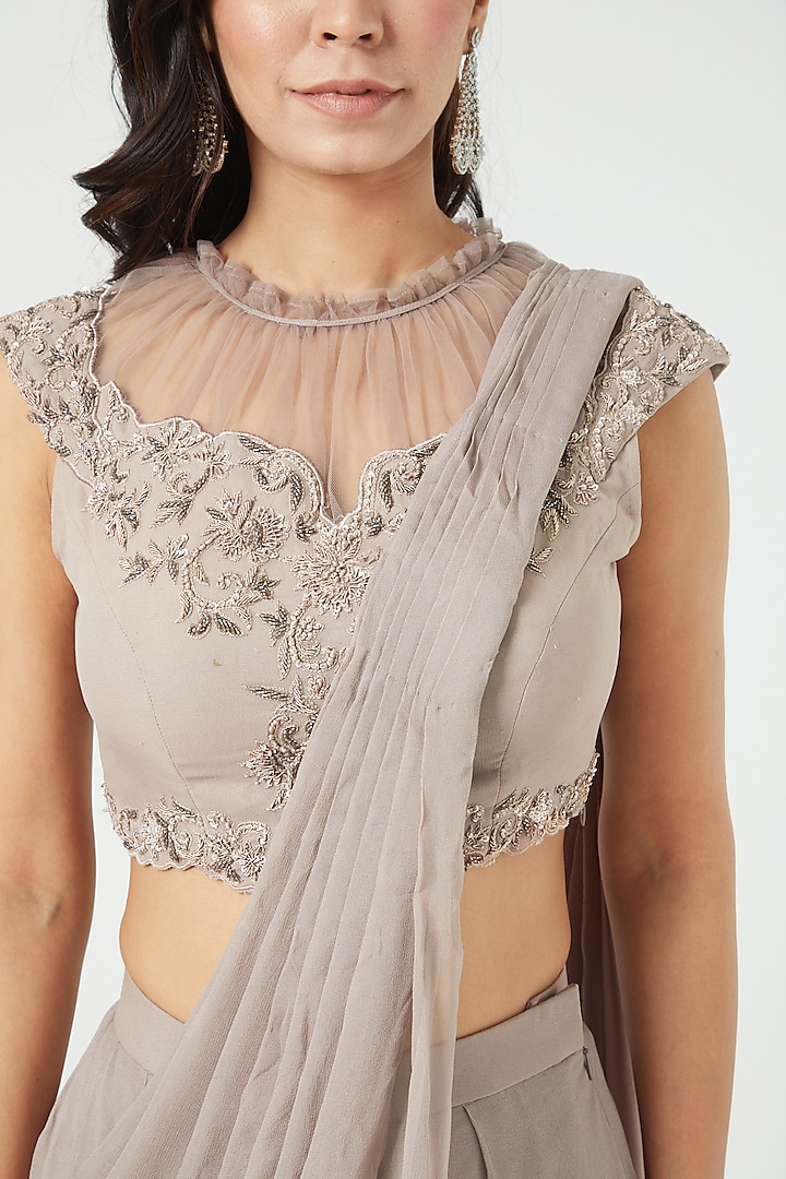 Ash Grey Silk & Georgette Draped Party Wear Saree Set by Jade by Ashima at Pernia's Pop Up Shop