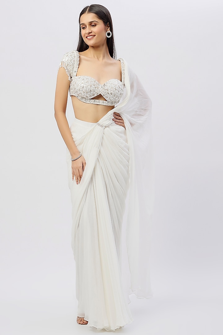 White Embroidered Pre Stitched Saree by Jade by Ashima
