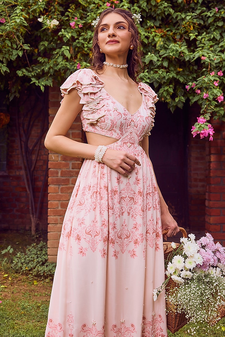 Pink Heavy Dull Crepe Printed & Embroidered Midi Vacation Dress by Jade By Ashima at Pernia's Pop Up Shop