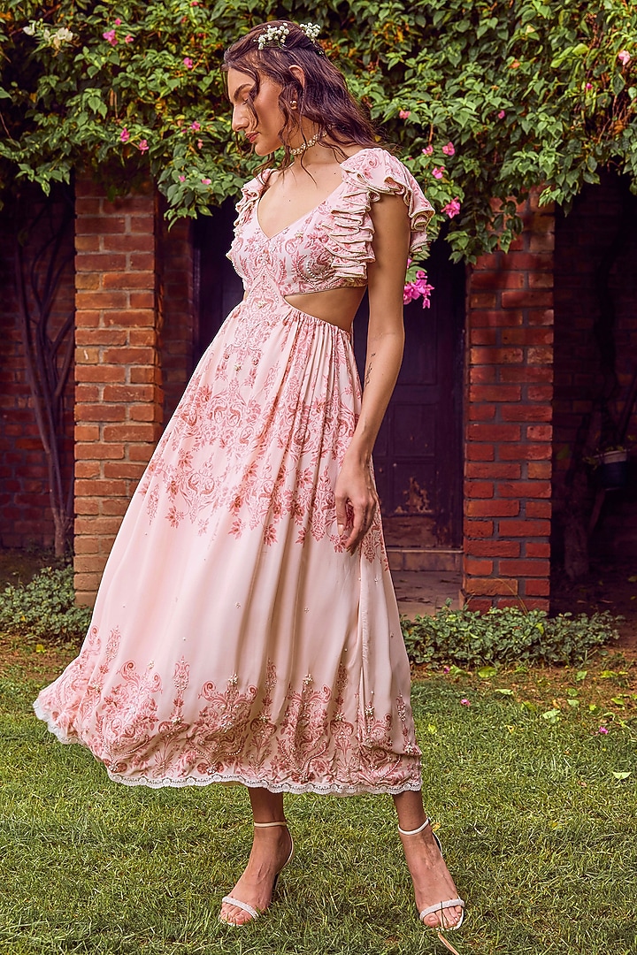 Pink Heavy Dull Crepe Printed & Embroidered Midi Vacation Dress by Jade By Ashima at Pernia's Pop Up Shop