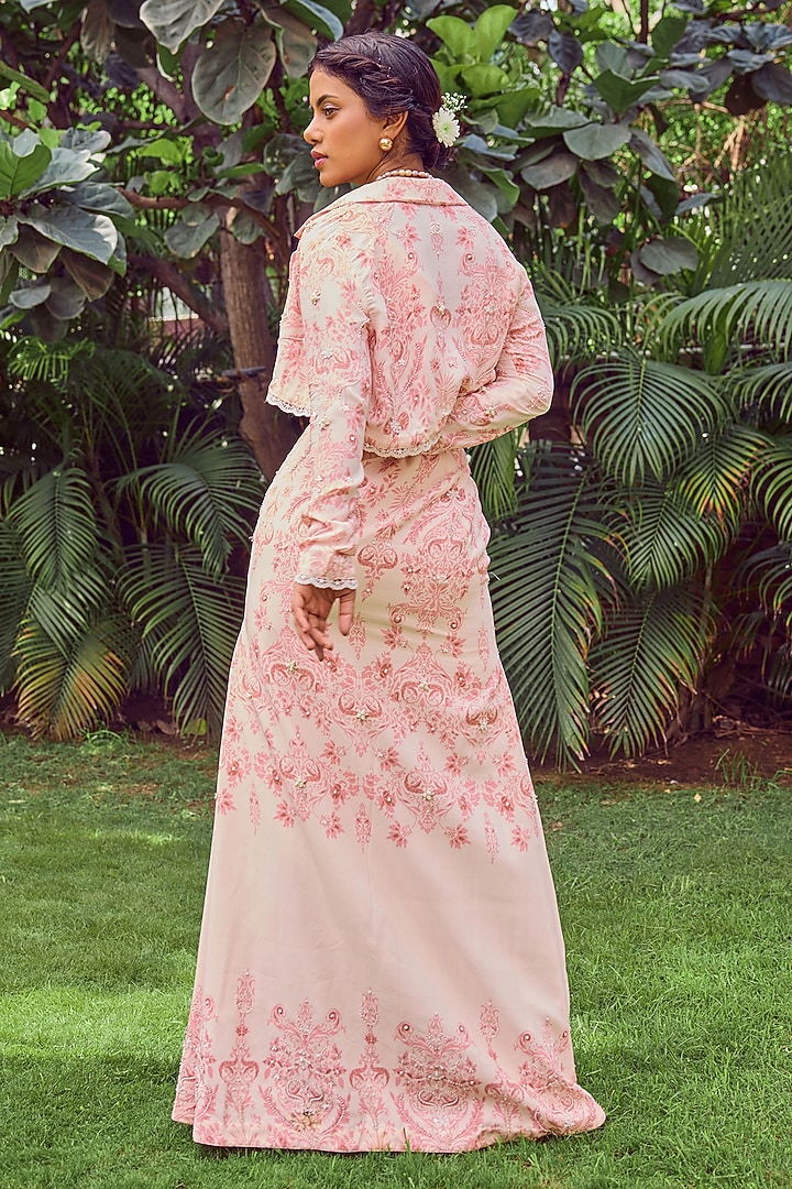 Pink Heavy Dull Crepe Printed & Hand Embroidered Slit Skirt Set by Jade By Ashima at Pernia's Pop Up Shop